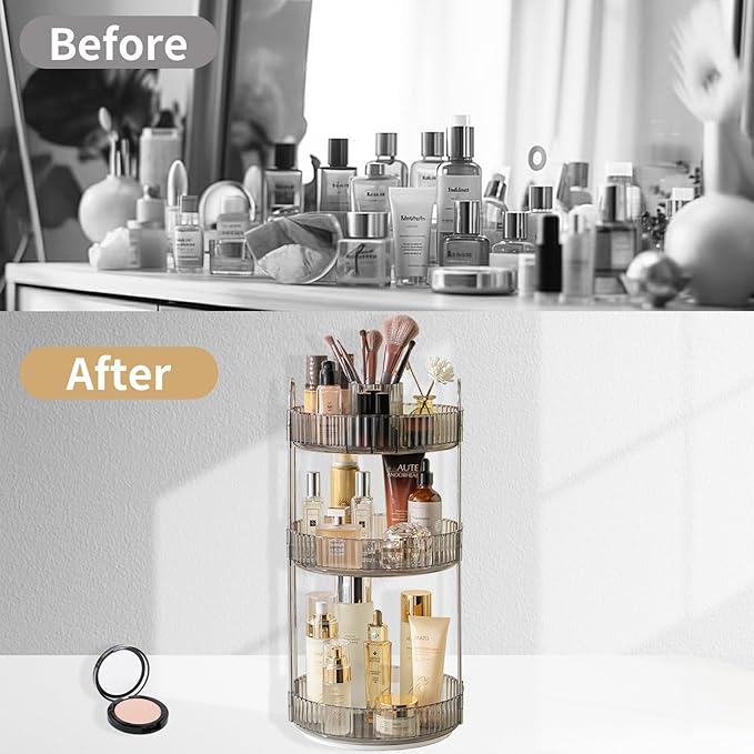 360 Rotating Makeup Organizer,3 Tier Large Capacity Make Up Organizers and Storage,Skincare Perfume Vanity Organizers,Bathroom Cosmetics Storage Organizer Countertop(Grey)