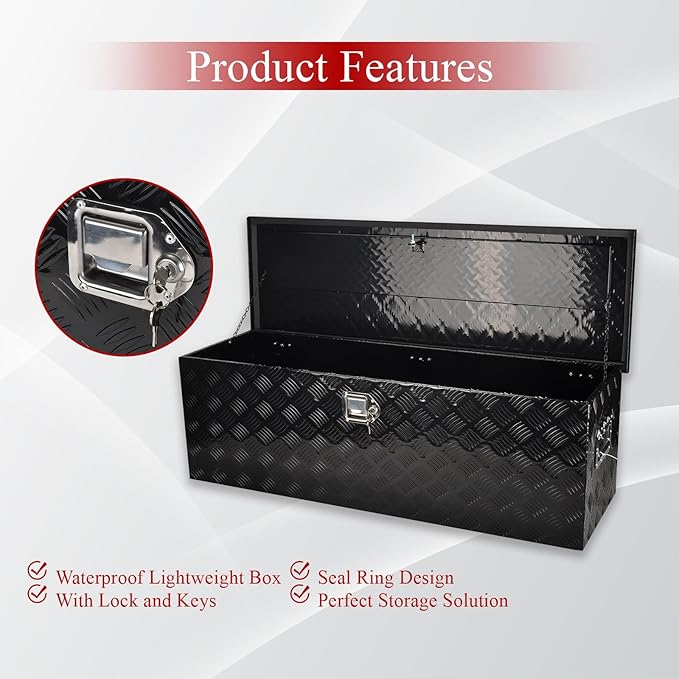 48''Inch Aluminum Truck Tool Box Truck Bed Toolbox Truck Trailer Chest Box Trailer Underbody Storage Organizer Waterproof Square Storage Organizer w/Lock & Keys Black(‎48" Lx15 Wx15 H)