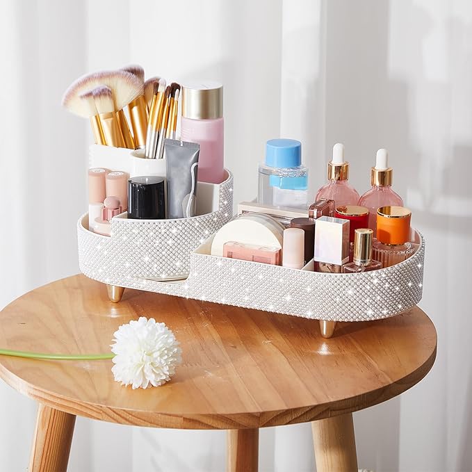 Teen Girls Women Gift 360 Rotating Bling Makeup Organizer Large Rhinestone Diamond Bathroom Organizer Girly Skin Care Brush Holder for Countertop,Bathroom Essentials(White,Pearl)