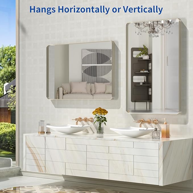 WEER 28X36 Inch Brushed Nickel Bathroom Mirror, Brushed Silver Metal Frame Mirror, Rounded Rectangle Silver Bathroom Vanity Mirror, Tempered Glass, Anti-Rust, Hangs Horizontally or Vertically