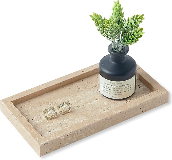 Natural Small Travertine Vanity Tray, Luxury Stone Organizer for Bathroom & Kitchen | Holds Soap Dispenser, Jewelry, Perfume | Non-Resin, Non-Ceramic Décor