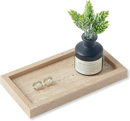 Natural Small Travertine Vanity Tray, Luxury Stone Organizer for Bathroom & Kitchen | Holds Soap Dispenser, Jewelry, Perfume | Non-Resin, Non-Ceramic Décor