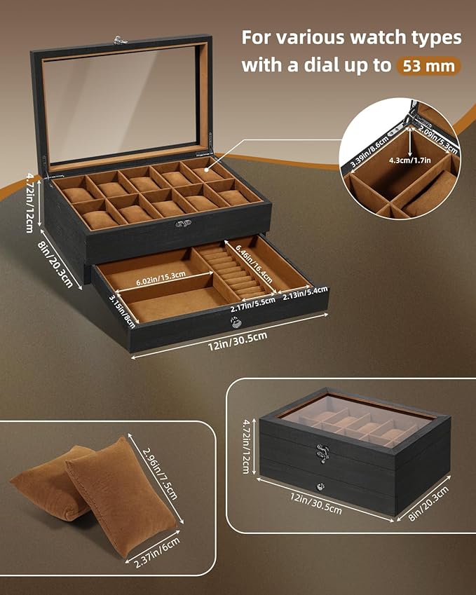 Uten 10-Slot Watch Box, 2-Layers Solid Wood Watch Display Case with Glass Lid, Watch Holder Organizer with Soft Pillow and Velvet Lining, Watch and Jewelry Storage Box, Brown