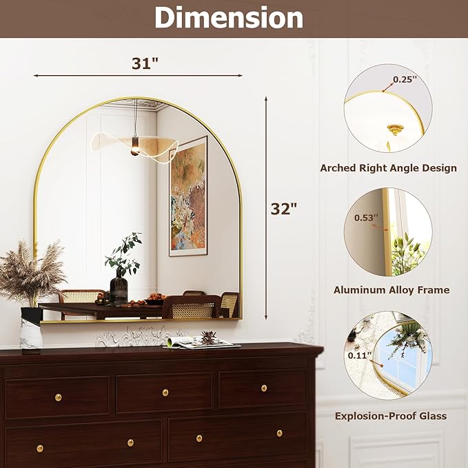 31"x32" Arched Wall Mirror for Bathroom, Gold Vanity Mirror for Bedroom, Living Room, Entryway, Decorative Hanging Mirror for Wall