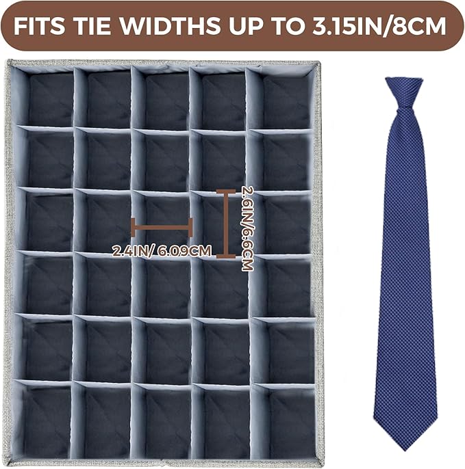 PINGMIC Gray Sock Organizer Divider 4 Pack with Lid - 30 Cell Foldable Closet Storage, Tie Organizer For Men Boxes for Socks, Ties, Belts