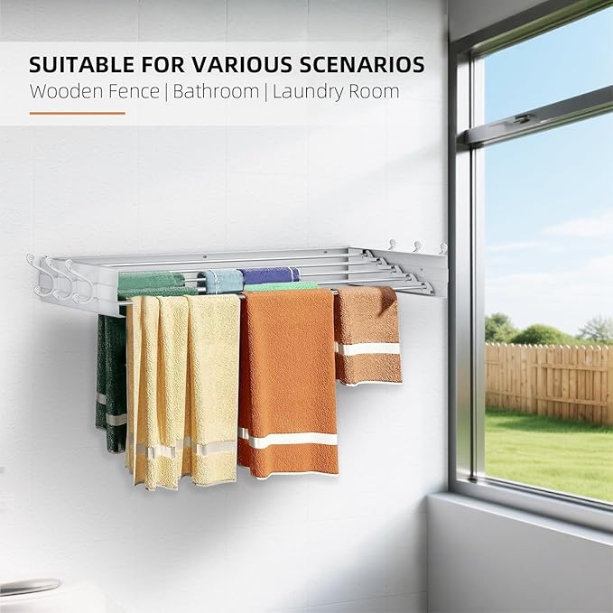 Laundry Drying Rack, Collapsible Wall Mounted Clothes Drying Rack - Foldable,Space Saving, 13.2 Linear Ft, 5 Aluminum Rods, 60 lb Capacity (White, 31.5" Wide)