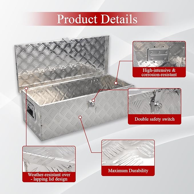 30''Inch Aluminum Truck Tool Box Truck Bed Toolbox Trailer Chest Box Storage Organizer Waterproof Square Storage Organizer w/Side Handle Lock&Keys Silver(‎30" Lx13'' Wx10'' H)
