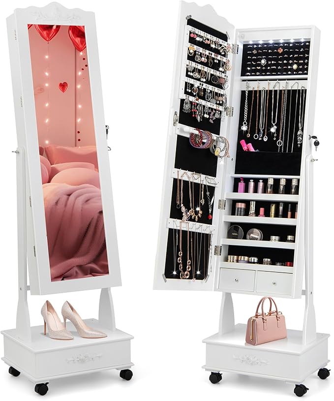 CHARMAID Rolling Jewelry Armoire with Full Length Mirror, Lockable Stand up Jewelry Cabinet with Lights and Wheels, Standing Jewelry Organizer with Drawers, Mirror with Jewelry Storage (White)