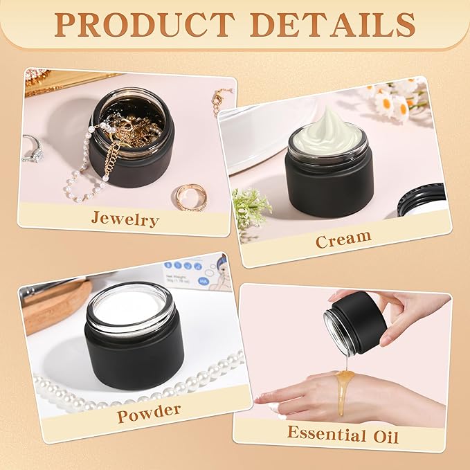 Glass Jars with Lids,Eco-Friendly Cosmetic Containers with Airtight Black Lids & Liners, Multi-Color Options for Cream, Lotion, Body Butter, DIY Skincare Travel Jars (Frosted Black, 2oz)