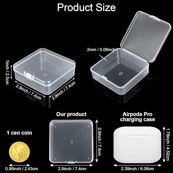 SATINIOR 100 Pcs Clear Plastic Beads Storage Containers Box Small Clear Boxes with Hinged Lid Plastic Case Mini Square Arts Crafts Storage Organizers for Small Items(2.9 x 2.9 x 1 Inch)