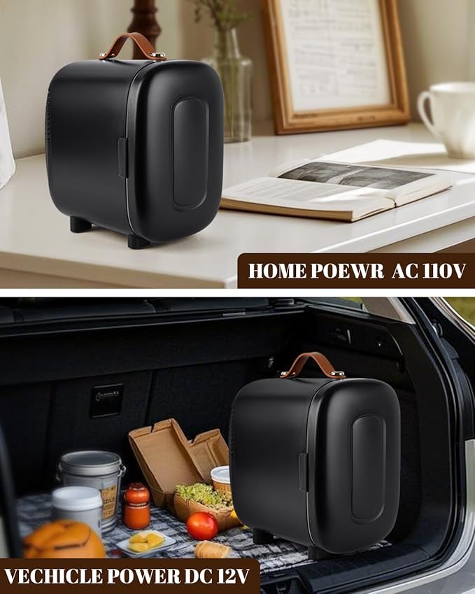 Mini Fridge for Bedroom, 4 Liter/6 Cans Skincare Small Refrigerator, AC/DC Portable Mini Cooler & Warmer, Small Fridge for Camping, Dorm, Office, Car (Black)