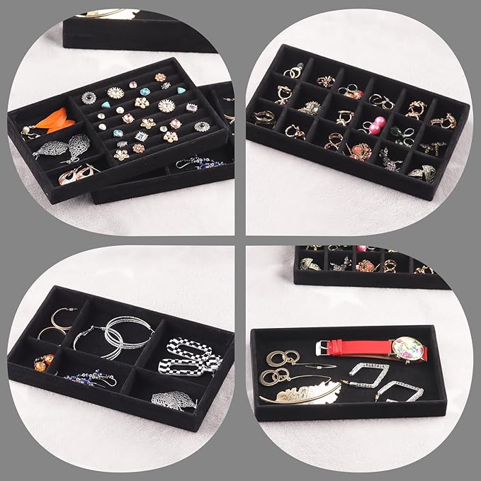 Jewelry Trays,Velvet Stackable Organizer Trays,Drawer Inserts Jewelry Display Case For Rings Stud Necklaces Earring Organizer Tray for Women Girls-8 Pack (Black)