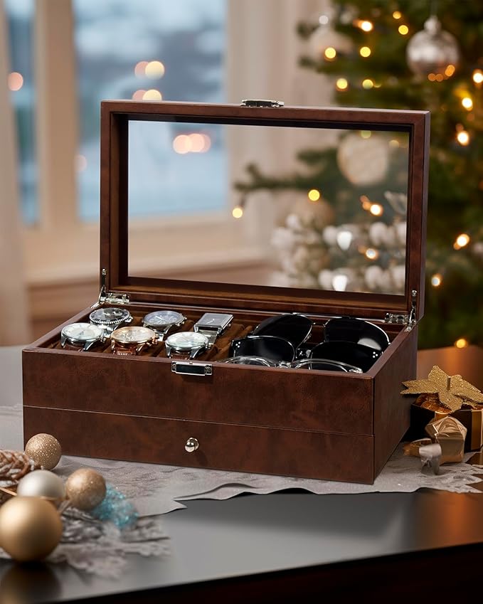 GUKA Watch box, 6 Slot Watch Case, 3 Slot Sunglass Organizer, Watch Cases for men with Real Glass Lid, Watch Organizer storage with Jewelry Case, Birthday for Men and Women,