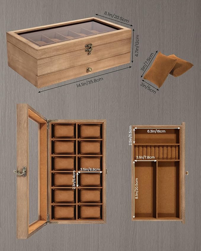 Uten 12-Slot Watch Box, 2-Layers Solid Wood Watch Display Case with Glass Lid, Watch Holder Organizer with Soft Pillow and Velvet Lining, Watch and Jewelry Storage Box, Brown