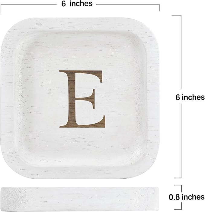 I'm Wooden Personalized Letter Catchall Valet Tray Trinket Dish Jewelry Tray Key Bowl Decorative Plate Organizing Ring Earrings Necklaces Bracelet Watch Coins Wallet Holder (6"x6" Sq White E)