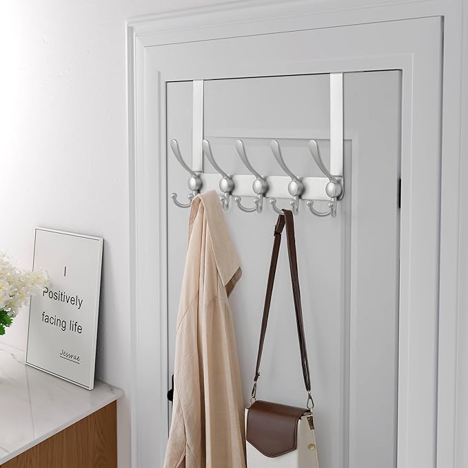 Dseap Over Door Hook 2.0 - Upgraded Version - Simple-Assembly, Strong, Heavy-Duty Stainless Steel 5-Tri-Hook Over The Door Hanger Rack, SimpleStrong Series, Silver, Pack of 2