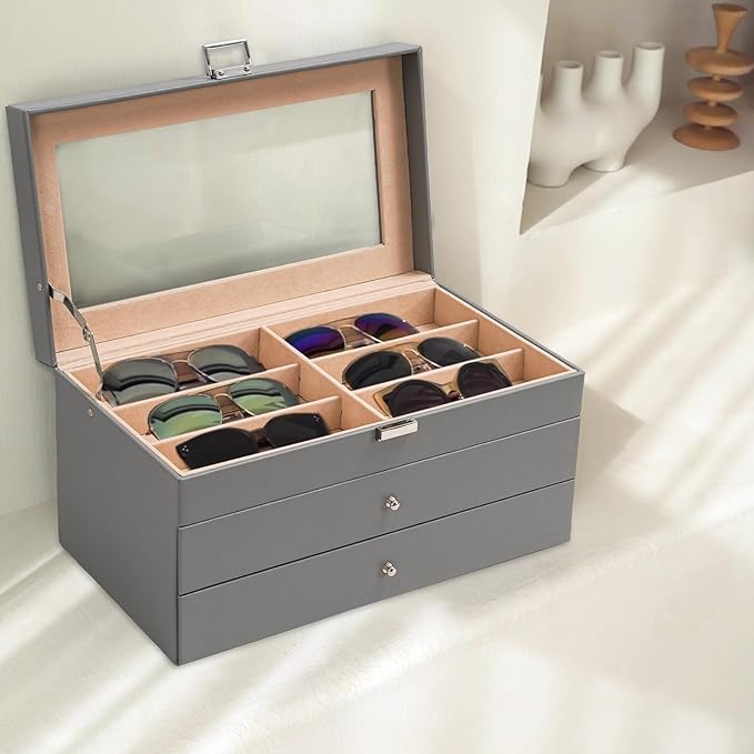 ProCase 3-layer Sunglasses Storage Organizer, 18 Slots Leather Sunglass Box Multiple Pairs Eyeglass Cases Eye Glass Eyewear Display Holder for Men Women, Father's Day Gift -Grey