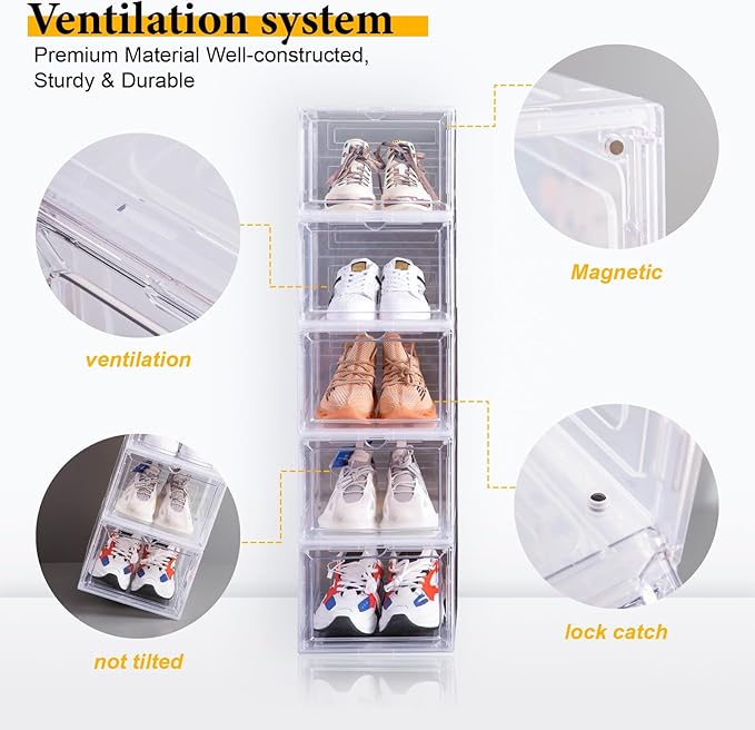 Attelite Clear Shoe Box,Set of 8,Stackable Plastic Shoe Storage Box with Clear Door Drop Front For Display Sneakers,Easy Assembly,Fit up to US Size 14,Black