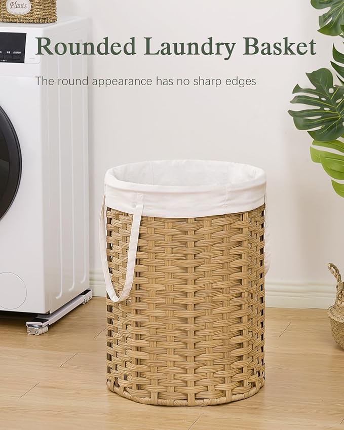 Laundry Hamper Laundry Basket Round 19.0 Gal (72 L) Handwoven Rattan Hamper, Large Wicker Hamper Basket with Removable Liner Bag Handles 2 Mesh Bags for Bathroom Living Room Natural (No Lid)