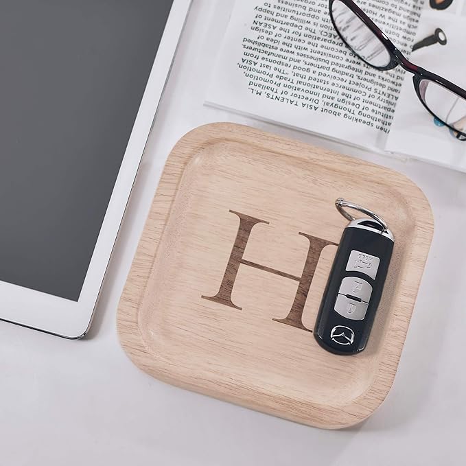 I'm Wooden Personalized Letter Catchall Valet Tray Trinket Dish Jewelry Tray Key Bowl Decorative Plate Organizing Ring Earrings Necklaces Bracelet Watch Coins Wallet Holder (6"x6" Sq Natural H)