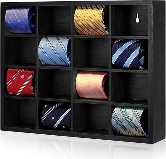 Wesiti Tie Box Organizer Wall Mounted Tie Rack with 16 Compartments Bamboo Belt Holder for Men Scarf Necktie Home Wall Closet(Black Color,1 Piece)