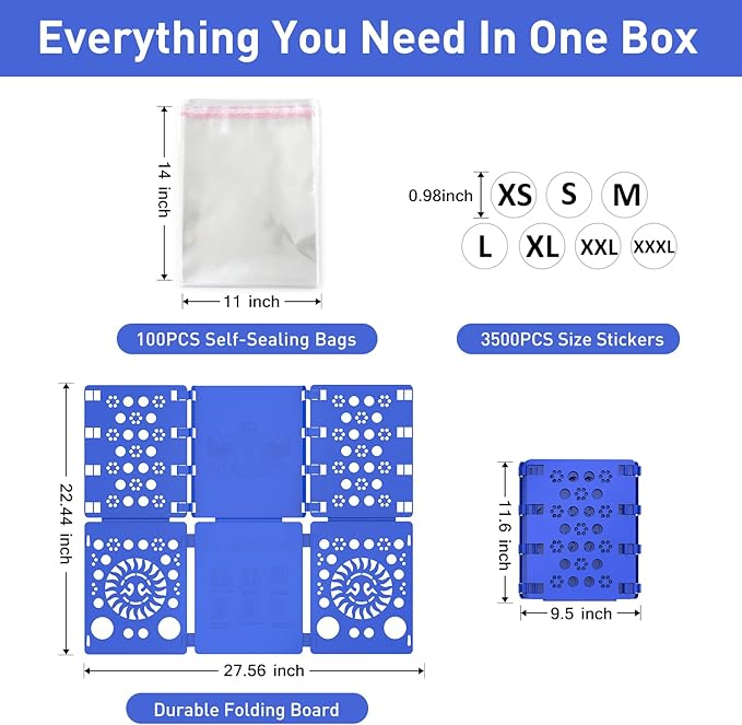 BoxLegend Shirt Folder Board with 11x14 T Shirt Bags 100 PCS and 7 Sizes Stickers 3500 PCS Clothes Folding Board Bags for Small Business