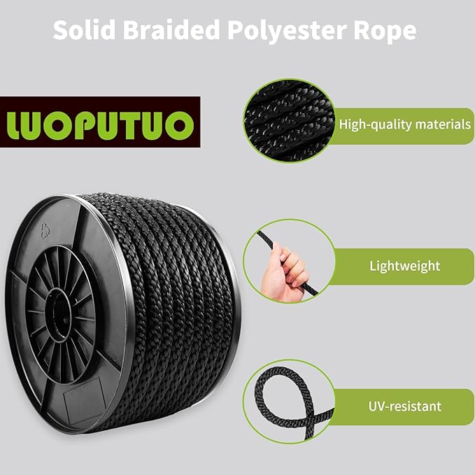 1/2 Inch 100FT Black Polyester Solid Braid Rope | High UV & Abrasion Resistance | Industrial Grade, Low Stretch | Multipurpose for Flag Poles, Clotheslines