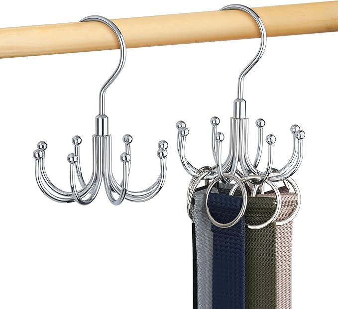 Belt Hanger, 2 Pack Rotatable Belt Organizer for Closet, Accessories Rack, Space Saving Hanging Holder Storage Hook for Belt, Tie, Scarf, Purse, Bra, Tank Top, Silver
