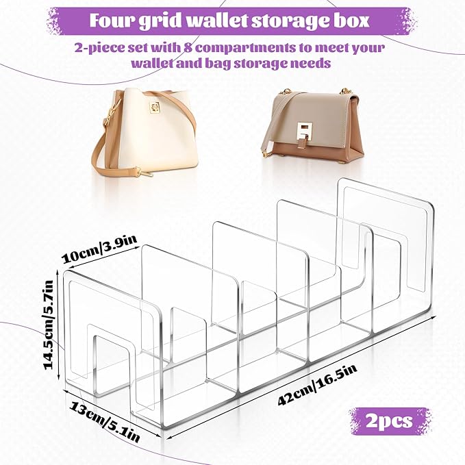2 Pcs Acrylic Purse Organizer for Closet, 4 Sections Clear Handbag Storage Shelf 16.5 x 5.7 x 5.1 Inch Thickened Handbags Divider for Clutch, Clothes, Book, Document