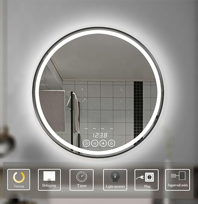 28 Inch Wall-Mounted Round Bathroom Mirror with LED-Lights - Frame Vanity Mirrors (28" x 28", Black)