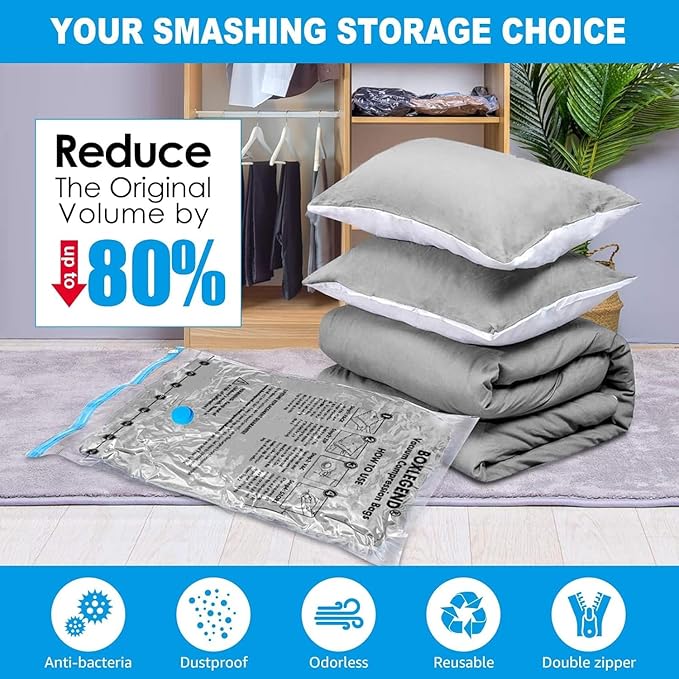 BoxLegend Vacuum Storage Bags with Large Hand Pump 15 Combo (1X-Jumbo, 2 Jumbo, 5 Large, 5 Medium, 2 Small) Thickened Vacuum Seal Bags for Clothing Pillow Comforters Bedding,1 Large Pump