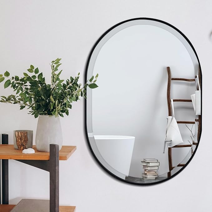 POZINO Oval Beveled Mirror, 24"x36" Bathroom Mirror for Over Sink, Rounded Rectangle Mirrors, Modern Oblong Vanity Wall Mirrors in Premium Stainless Steel Frame Hangs Horizontal Or Vertical