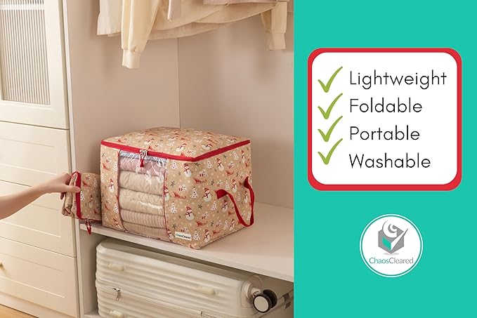Canvas Storage Bags Designer Organizer 2 Pack – Seasonal Storage for Sweaters, Blankets, Linens & Garments – Foldable Design with Zip & Window, Moth-Proof Space Saver, Snowman Print