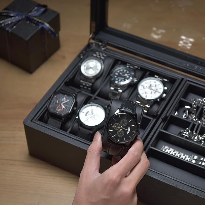 Vlando 6-Slot Watch Box Organize, Lockable Watch Case with Textured Leather, 2 Layer Watch Holder for Rings, Bracelets, Glasses, Glass Lid, Removable Divider, Gift for Fathers, Husband, Friend, Black
