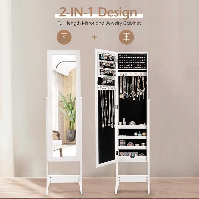 COSTWAY Jewelry Armoire, Standing Jewelry Organizer with Full-length Mirror & 3 Adjustable Angles for Bedroom, Dressing Room (White)