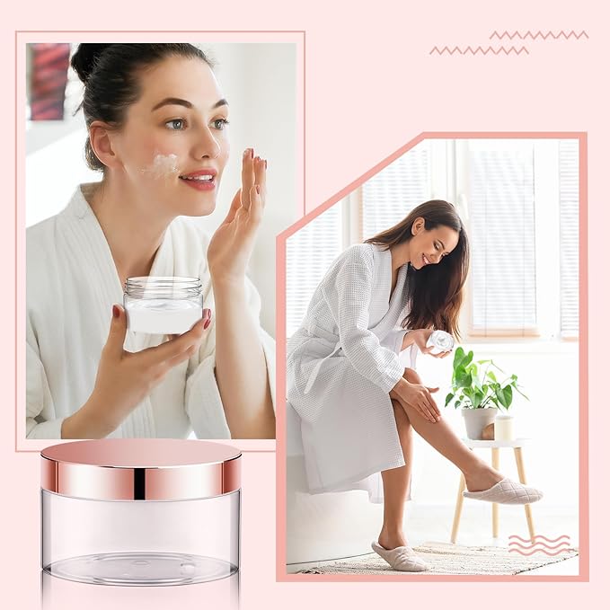 Dandat 24 Pcs 8 oz Plastic Jar Container with Lid and Label Refillable Empty Round Clear with Rose Gold Pet Cosmetic Sample Slime Containers for Lotion, Cream, Ointments, Body Butter, Travel Storage