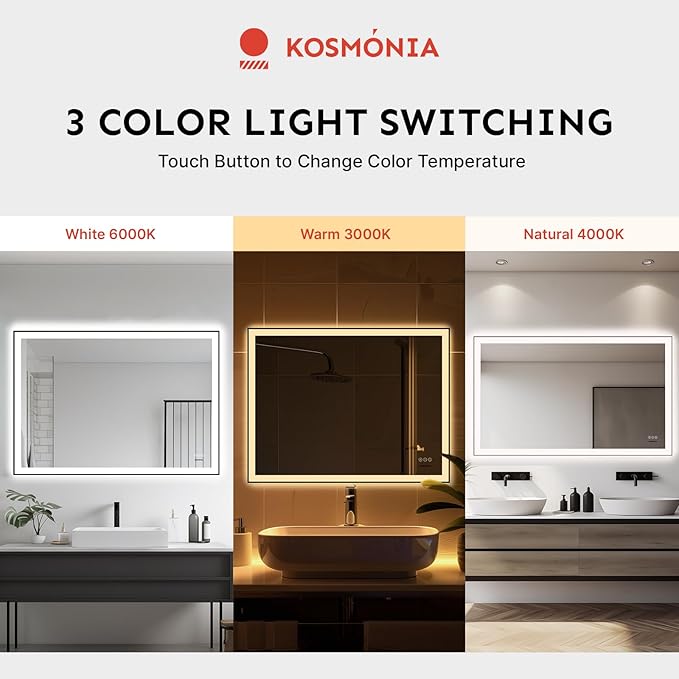 36x60'' LED Bathroom Mirror w/Light, Aluminum Frame, Dimmable Front & Backlit, Anti-Fog, Distortion Free, Light Memory, Tempered & Shatter-Proof Wall Mounted Vanity Silver Coating Mirror