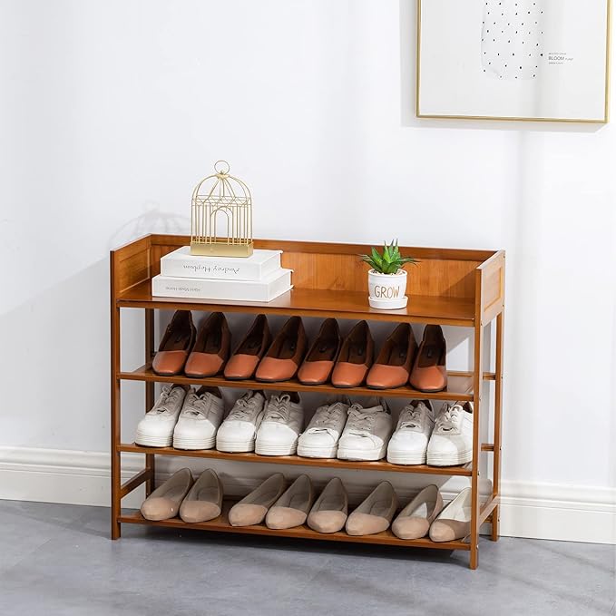 Bamboo Shoe Rack Organizer, 4 Tier Shoe Shelf Storage Organizer, for Entryway, Hallway, and Closet (Brown-31.5)