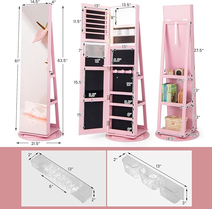 Mirror Jewelry Cabinet Standing with Full Length Mirror, 360° Swivel Jewelry Armoire with 3-Color LED Lights & Foldable Makeup Shelf, Lockable Organizer for Women, Space-Saving (Pink)