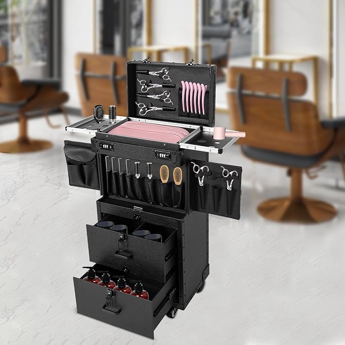 Rolling Makeup Case Large Storage Cosmetic Trolley, Rolling Lockable Makeup Train Case, Stylist Beauty Salon Cosmetic Luggage Travel Organizer Tool Box with Hair Dryer Holder (Black)