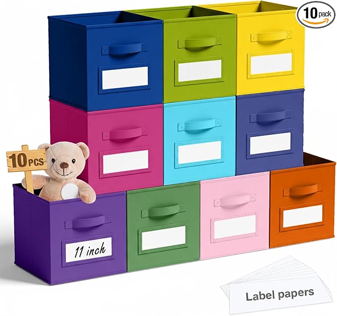 10 Pcs Fabric Storage Cubes with Labels 11 Inch Collapsible Cube Organizer Baskets with Window Cards for Shelf Nursery Clothes Book Toys Storage Bin(Candy)