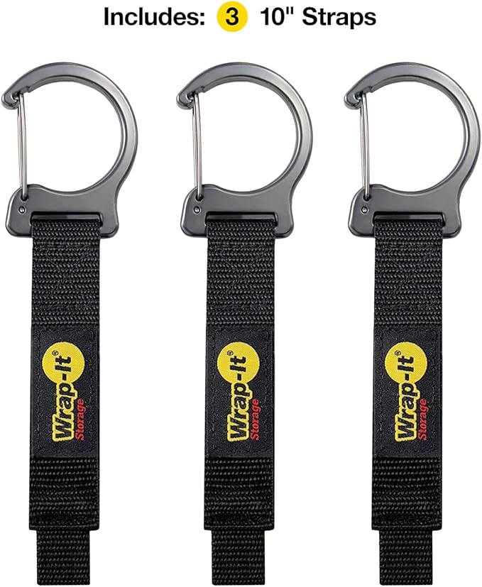 Wrap-It Storage Quick Clips - 10" (3-Pack) Black - Cord Straps with Metal Clips for Hanging to Organize Garage Accessories and Hose Storage