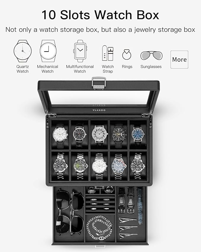 Vlando Watch Box 10 Slots, Lockable Watch Case with Textured Leather, 2 Layer Watch Holder for Rings, Glasses, Mens Jewelry Box with Glass Lid, Removable Divider, Gifts for Father, Husband, Black