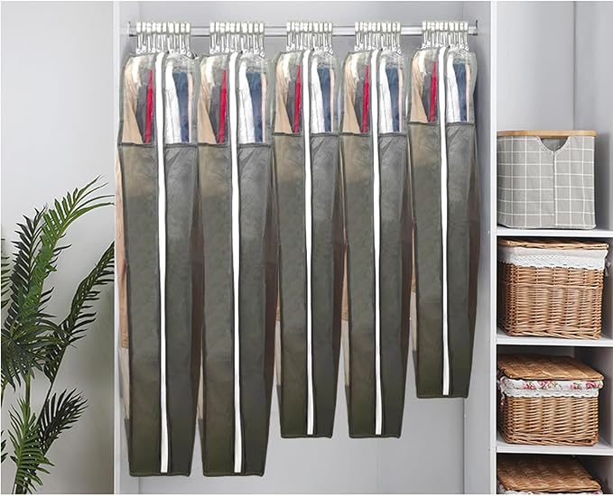 6.3"Gusseted Garment Bags for Hanging Clothes with Dual Zippers- Full Clear Front & Sides PEVA,50"Breathable Dust-proof Waterproof Dress Covers for Closet Storage,Travel,Moving,Gray,5 Pack