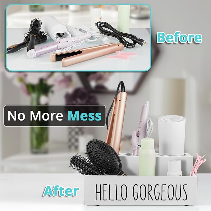 Bivvclaz Hair Tool Organizer, Wooden Hair Dryer Holder Countertop, Wall Mount Hot Tools Organizer for Hair Styling Accessories, Bathroom Supplies Vanity Caddy for Curling Wand, Blow Dryer, White