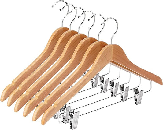 Wooden Hangers with Adjustable Heavy Duty Clips - 24 Pack Pants, Skirt, Jeans, Slacks, Shorts Hangers (Natural)