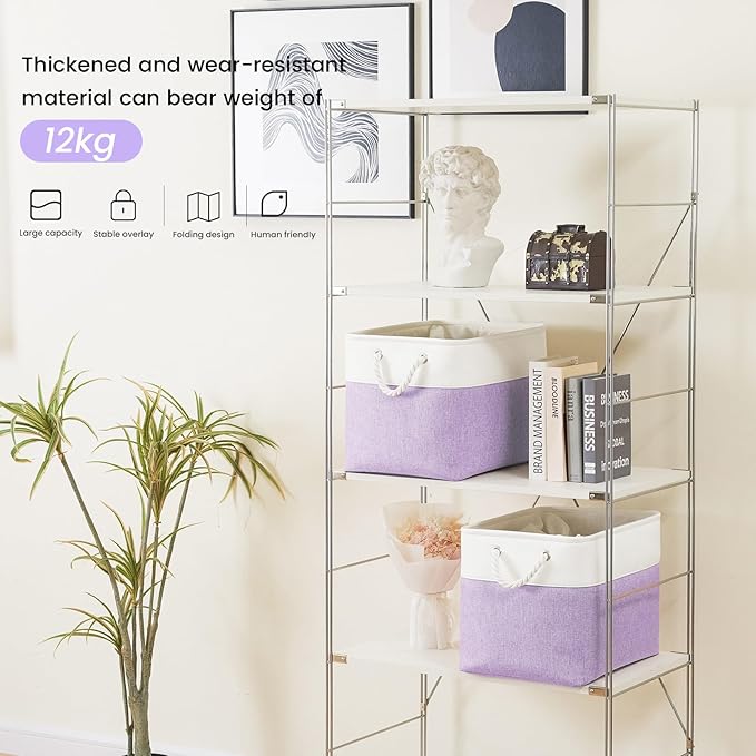 Large Storage Baskets- 16x12x12 inch Storage Bins for Shelves and Closet Organizing, Foldable Fabric Bin for Home Organization Clothes and Laundry (3-Pack, White&Purple)
