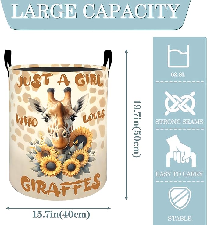 Giraffe Sunflower Laundry Basket, Dirty Collapsible Clothes Toy Organizer Hamper for Kids Adults, Oxford Cloth Waterproof Storage Bin for Bedroom Bathroom Home Decor Gifts, 19.7"X15.7"