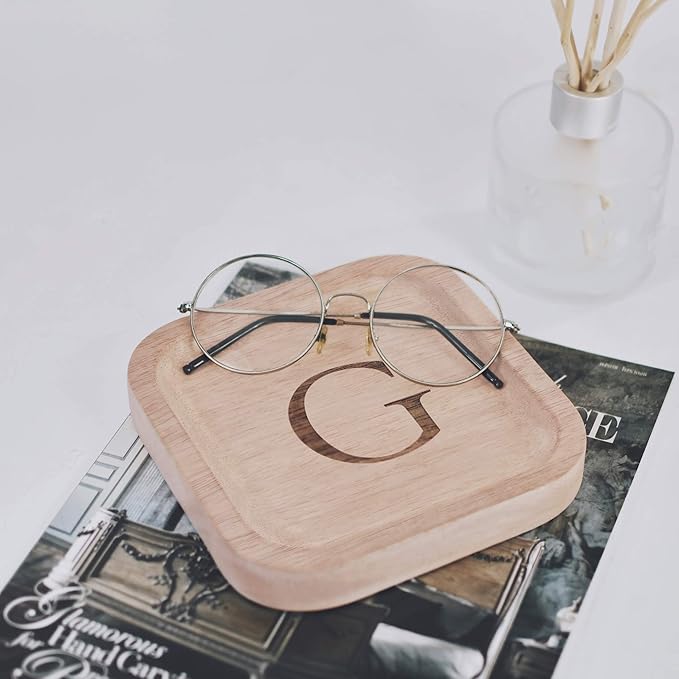 I'm Wooden Personalized Letter Catchall Valet Tray Trinket Dish Jewelry Tray Key Bowl Decorative Plate Organizing Ring Earrings Necklaces Bracelet Watch Coins Wallet Holder (6"x6" Sq Natural G)