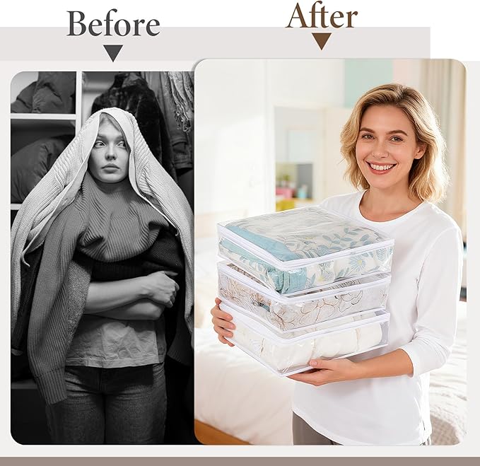 12 Pcs Clear Clothing Organizer Plastic Sweater Storage Bags Zippered Storage Bags with Label Pocket Container for Blankets Linen Sweater Clothes Bed Sheet Pillow (15.7 x 13.8 x 3.9 Inch)